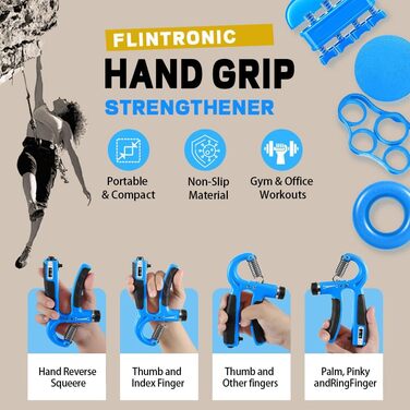 Flintronic Набір для тренування рук та передпліч з лічильником, 5-60 кг, фітнес, скелелазіння, реабілітація (Синій, 6 шт.)