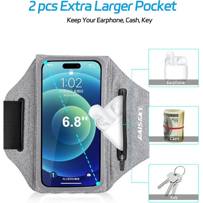 Чохол-тримач для телефону на руку Razobws для бігу з кишенею для навушників, сумісний з iPhone 17 16 15 14 13 12 11 Pro Max, Galaxy S24 S23 Ultra, чорний/сірий (до 6.8 дюймів)