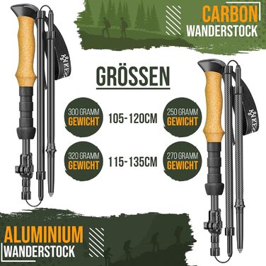 Трекінгові палиці KESSER® алюмінієві/карбонові з корковими ручками для хайкінгу, скандинавської ходьби, лиж та альпінізму (115-135 см) + ліхтарик для кемпінгу