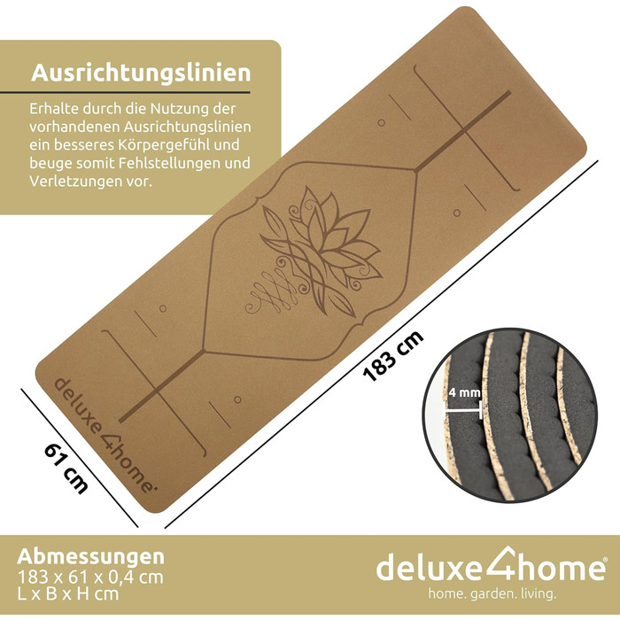 Йога мат Kork Deluxe4home® з TPE: антиковзка фітнес-тренувальна килимок для йоги та пілатесу з ручкою, з розміткою, чорний