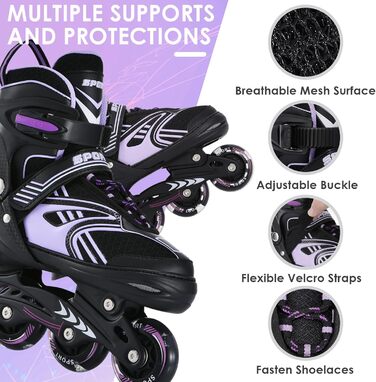 Інлайнерожі TOSHOO, ролики для дітей та дорослих, LED-колеса, регульовані розміри, ролики для катання, ролики для дівчаток та хлопчиків (S, фіолетовий)