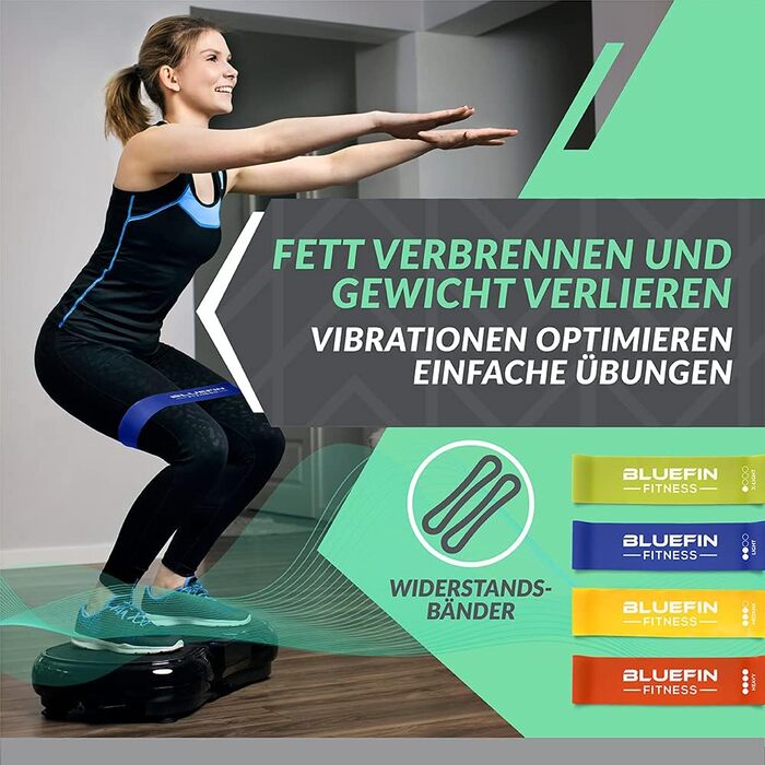 Вібраційна платформа Bluefin Fitness для домашніх тренувань, компактна, з еспандерами, для нарощування м'язів і всього тіла, безшумний мотор