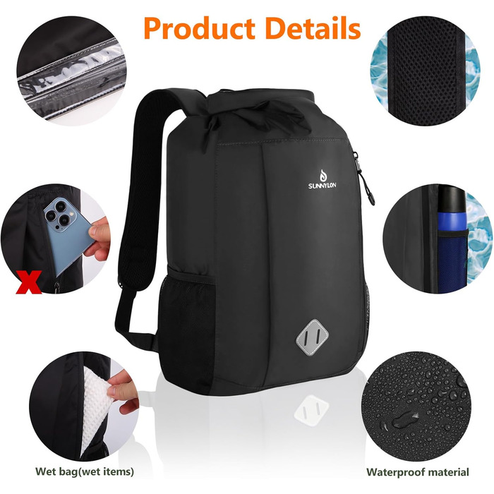 Водонепроникний рюкзак Dry Bag 20L, IPX8, з чохлом для телефону, для плавання, каякінгу, кемпінгу, туризму, чорний