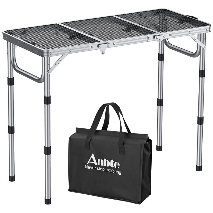 Стіл для кемпінгу Anbte Grilltisch 58x40 см, алюмінієвий каркас, регульована висота (26/48/70 см), складаний, для пікніка, BBQ, саду, балкону (срібний)