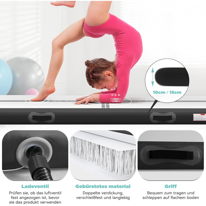Airtrack SportBob Matte - килимок для гімнастики та йоги, 2/3/4/5/6м, 10/15см, з електричним насосом 600W, для дому та спорту