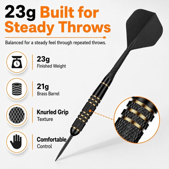 Набір сталевих дротиків Steeldarts (3 шт) з латунними барелями 23г, сталевими голками, футляром та заточувачем для сизалевих мішеней