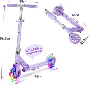 Самокат дитячий SUOTU з колесами 145 мм, до 100 кг, світлодіоди, складаний, регульована висота, для хлопчиків та дівчаток, алюмінієвий (Фіолетовий)