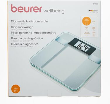 Діагностичні ваги Beurer BG 13 зі скла з великою LCD-індикацією, вимірюють вагу, жир, воду, м'язову масу та ІМТ