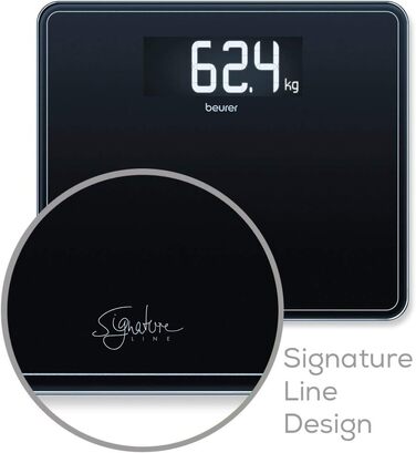 Ваги підлогові Beurer GS 410 Signature Line, чорні, скляні, з великою платформою 35x30 см, дисплей XXL, максимальна вага 200 кг