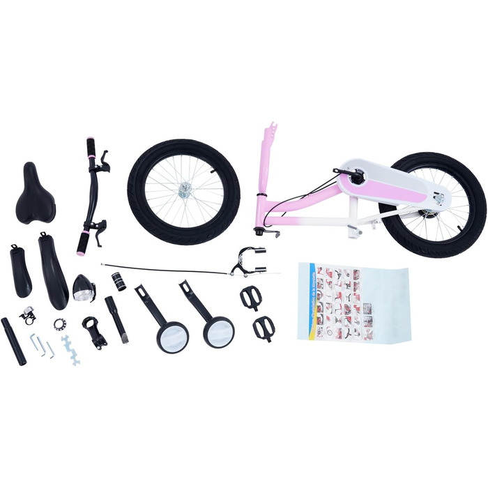 Дитячий велосипед 16 дюймів для хлопчиків та дівчаток, сталевий, 5-8 років, з бічними колесами та регулюванням висоти, рожевий + LED-ліхтар