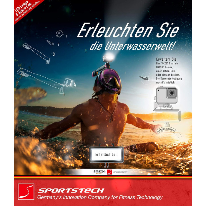 Спортивна CO2-безпечна повнолицева маска для снорклінгу Sportstech SNX650 360° з LED, тримачем для камери, Quick-Clip, EasyBreath, для дітей і дорослих, рожева