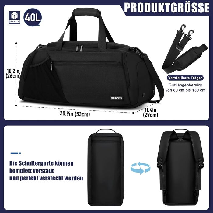 Спортивна сумка для чоловіків 40L, велика, рюкзак-сумка для подорожей, багато кишень, відділення для взуття, водонепроникна, для плеча та рук, тренувальна сумка, сумка-вікендер, чорна