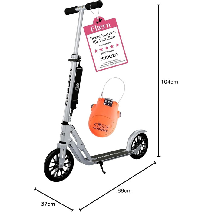 Самокат HUDORA BigWheel 205 алюмінієвий, складаний, для дітей і дорослих, до 100 кг, регульована висота, з/без замка