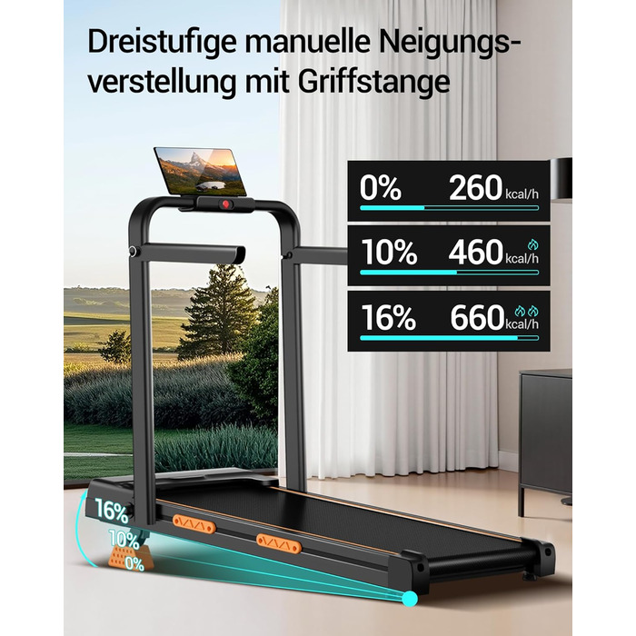 Біговий тренажер CURSOR для дому, складаний, 10 км/год, нахил 16%, безщітковий двигун 3.0CV, максимальне навантаження 136 кг, помаранчевий