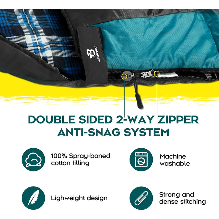 Спальний мішок Bessport Flannel для кемпінгу, 3-4 сезони, -5°C | Легкий, водонепроникний, теплий спальник для дорослих та дітей, для рюкзаків, кемпінгу, походів та подорожей | Фланелевий, синьо-зелений/чорний