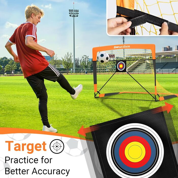 Ворота для футболу Dimples Excel Pop-Up - розкладні для дітей | 1 або 2 шт. в розмірах 120x90 / 152x110 / 213x152 см | 3 кольори на вибір | З м'ячем, насосом, конусами та мішенню (опціонально) | Для саду та подарунка