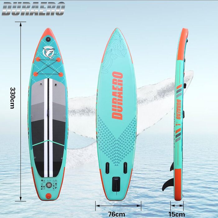 Надувна SUP-дошка 330x76x15 см з каяк-сидінням, 3 плавниками, камерною кріпленням, подвійним регульованим веслом, повним комплектом аксесуарів, м'ятна, вантажопідйомність до 150 кг