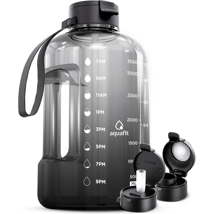 Фляга для води Aquafit з маркуванням часу - мотивуюча 3,5 л, чорна, з трубочкою, з пластику, 16 см x 30,48 см, багаторазова, для спорту та активного відпочинку, 3785 мл