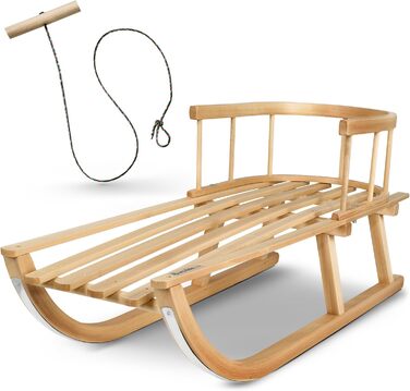 Дитячі санчата Kinderschlitten 90 см з підніжкою - дерев'яні санчата з масивного буку - санчата Davoser з мотузкою та ручкою, міцні, з легкими сталевими чіпками