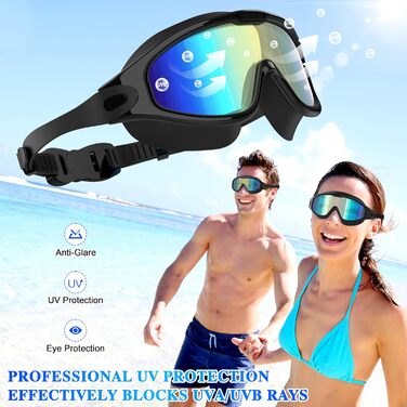 Маска для плавання та дайвінгу Schwimmbrie Unisex, великий об'єм, HD, антизапіт, UV-захист, чорна (L, MC6500)