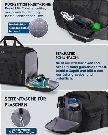 Спортивна сумка RAINSMORE 45L 3-в-1 для фітнесу та подорожей, водонепроникна дорожня сумка з відділенням для взуття та мокрих речей, чорна
