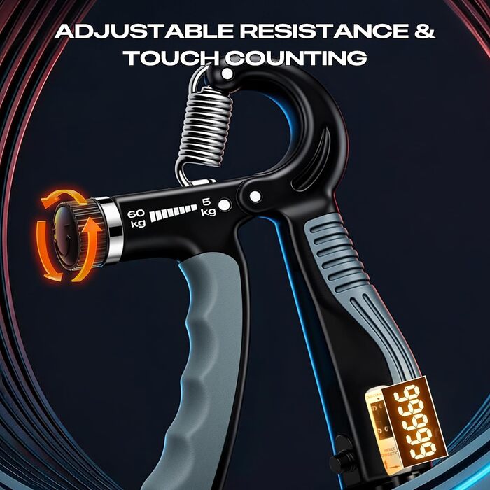 Тренування сили хвату: Регульований ручний тренажер з опором 5-60 кг (11-132 lbs) з лічильником для спорту та реабілітації