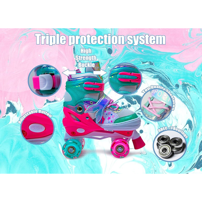 Дитячі ролики-хвіст русалки Scale Sports для дівчаток, регульовані, з підсвічуванням, розмір L (2.5-5 UK), м'ятно-рожеві