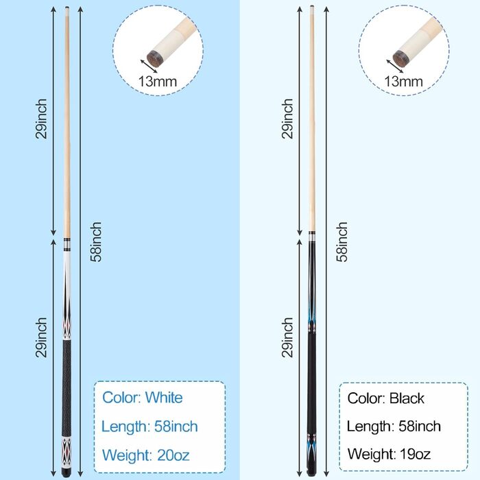 Більярдний кий Sinsilvie 58 дюймів (19/20 oz) з наконечником 13 мм, чорний/білий, для чоловіків та жінок