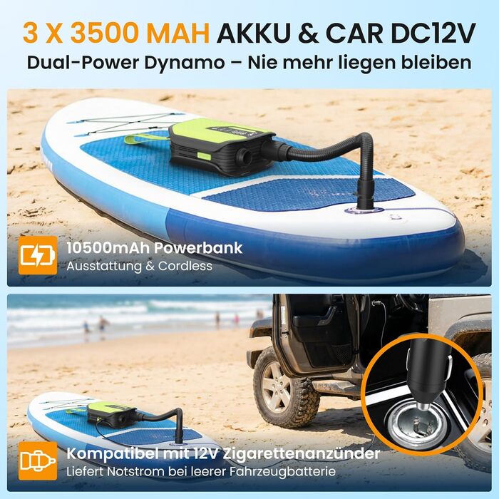 Насос електричний TowerTop для SUP дошки, каяків та автомобілів, 50 PSI, 10500mAh, 8 насадок, зелений