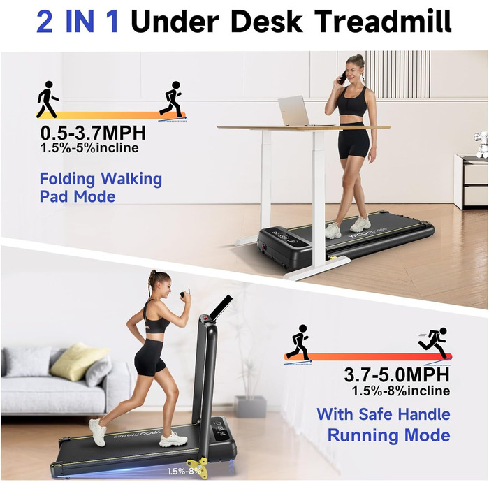 Ленковод YPOO для дому з нахилом, складаний, Walking Pad тихий 2.5HP, біговий тренажер для дому та офісу, максимальне навантаження 140 кг, Walkingpad з ручкою, бігова доріжка, пульт дистанційного керування та додаток
