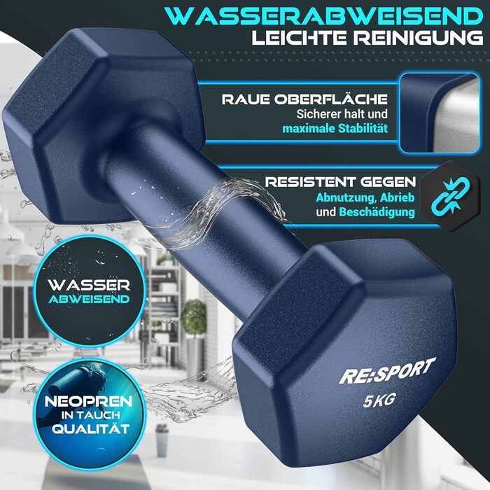 Набір гантелей RE:SPORT® 18 кг з підставкою та фітнес-гумками | 3 пари гантелей (1-5 кг) | Нековзкі гантелі з неопрену для жінок та чоловіків | Кольори: блакитний, сірий, темно-синій