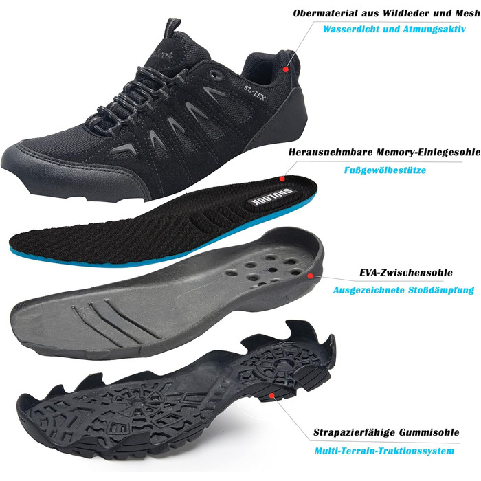 Черевики для хайкінгу SHULOOK чоловічі водонепроникні легкі трекінгові черевики з підтримкою щиколотки, неслизькі спортивні кросівки для кемпінгу та хайкінгу (47 EU, Чорний)