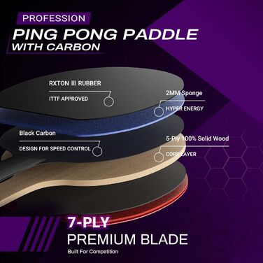 Професійна ракетка для настільного тенісу з вуглецевого волокна, 7-шаровий клинок, преміум-гума ITTF, червона