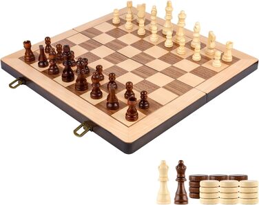 Набір шахів та шашок з дерева 15 дюймів, класичні складані ігри з фетровим внутрішнім відділенням для зберігання, 2 додаткові відсіки для фігурок шашок та шахів