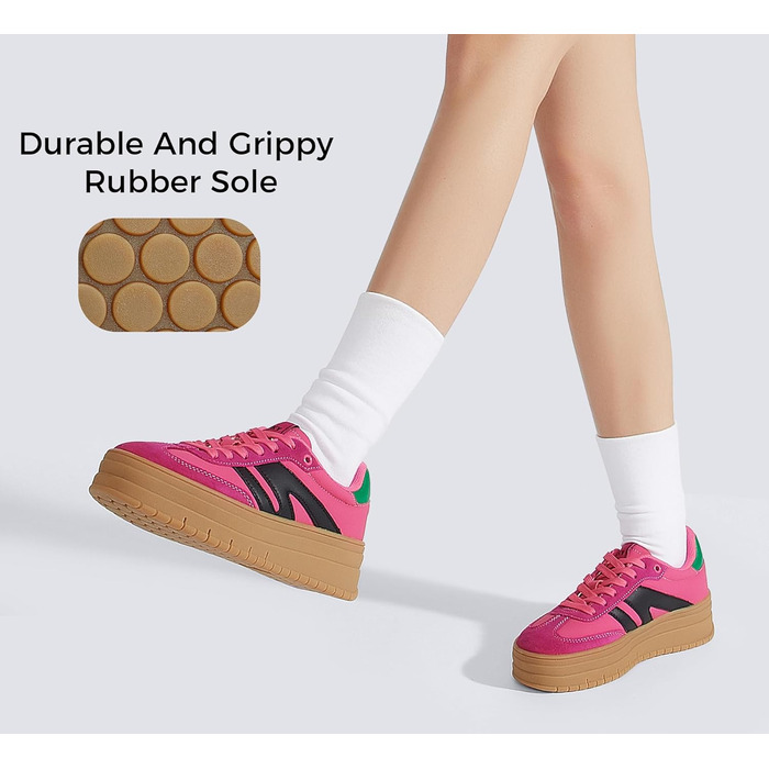 Кросівки LUCKY STEP Plateau Sneaker для жінок - платформа, канвас, ретро стиль, низький профіль, комфортні для повсякденного носіння, бежево-зелені (36 EU, фуксія, чорний)