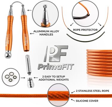 PrimaFIT Стрибкове канат для фітнесу та боксу: 3м, регульований, з вагами, 2 підшипники, антиковзні ручки, для MMA, Crossfit, та фітнесу (Помаранчевий)