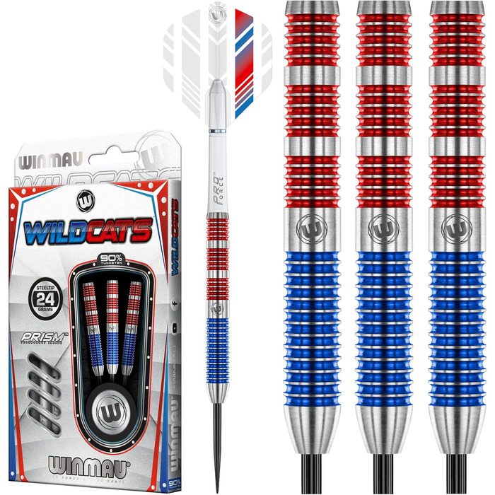 Дротики для дартсу WINMAU Wildcats 90% вольфраму 24 г з оперенням і стрижнями, призматична технологія, зважені для змагань