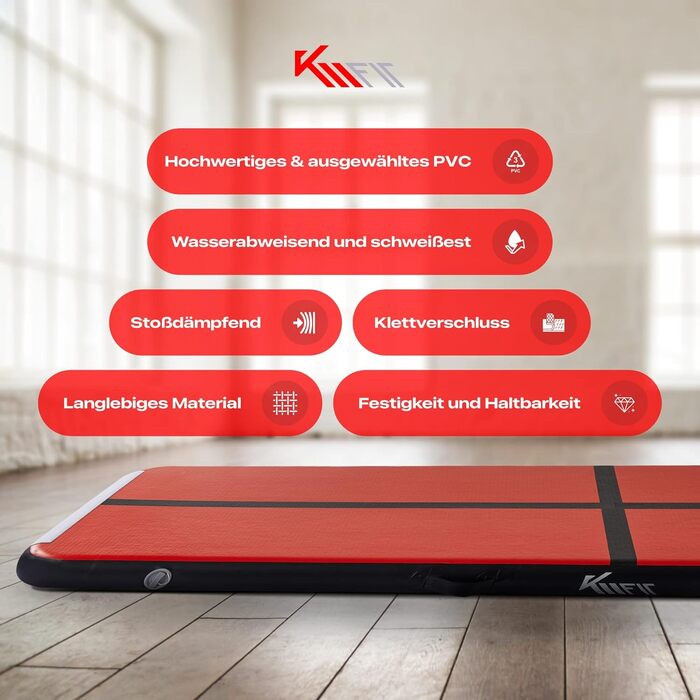 Надувний гімнастичний мат KM Fit Airtrack 400x100x10 см, чорний-червоний, для фітнесу та акробатики, з електричною помпою, сумкою та набором для ремонту, UV-стійкий