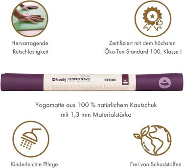 Йога-мат Bodhi ECO PRO Travel з натурального каучуку, суперлегкий, складаний, антиковзкий, екологічний, для йоги та пілатесу, 185x60x0,13 см, фіолетовий