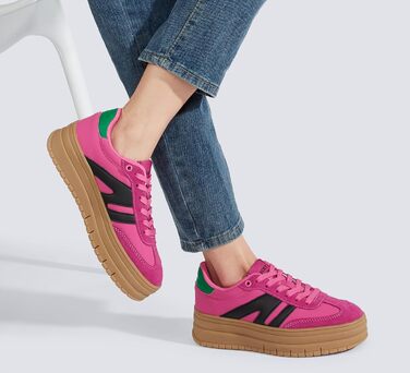Кросівки LUCKY STEP Plateau Sneaker для жінок - платформа, канвас, ретро стиль, низький профіль, комфортні для повсякденного носіння, бежево-зелені (36 EU, фуксія, чорний)