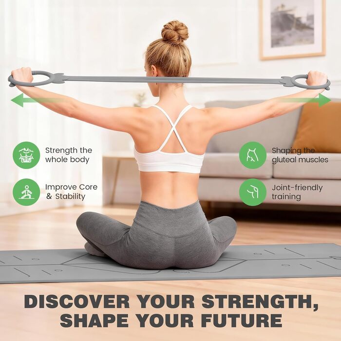 Йога мат Soontrans 8 мм, TPE, 183x68 см (сірий) - з гумками, килимком для колін та фітнес аксесуарами