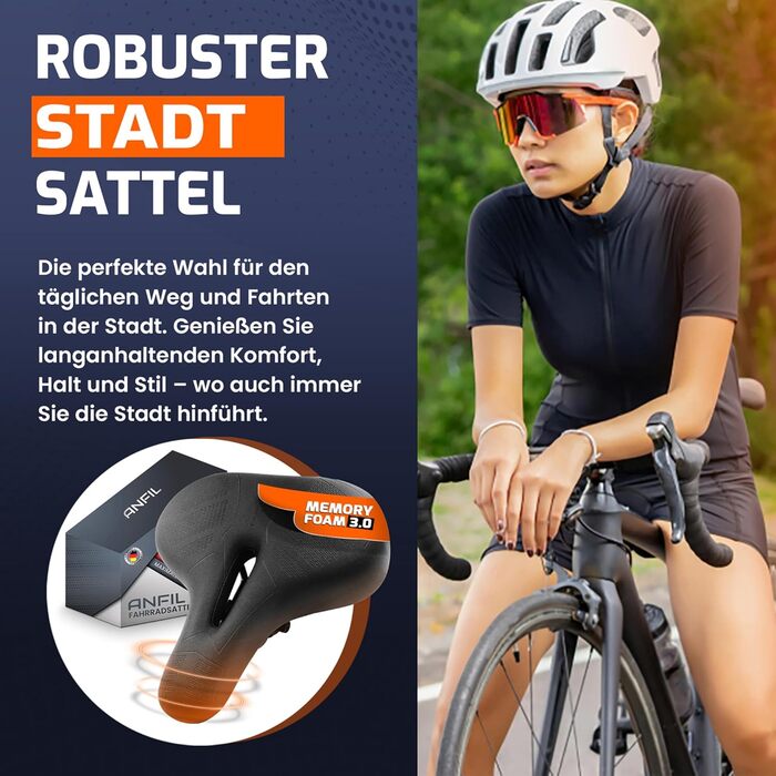 ANFIL® Велосипедне сідло - Максимальний комфорт - Ергономічне сідло з Memory Foam 3.0 - для жінок та чоловіків - Зручне та м'яке - з оптимізованим розподілом тиску для тривалих поїздок (City)