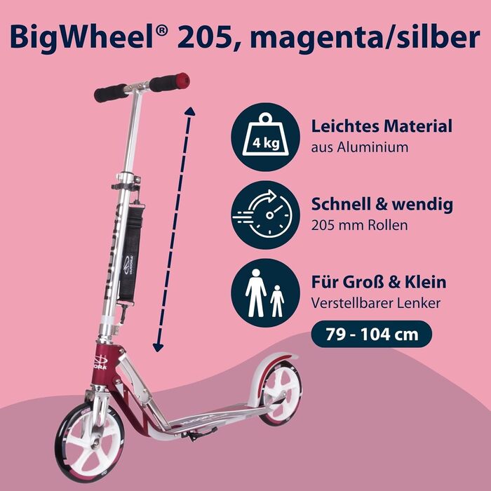 HUDORA BigWheel 205: Скутер з алюмінію, регульована висота, складаний - для дітей та дорослих (до 100 кг), magenta/silver