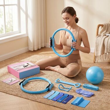 Набір для пілатесу та йоги для жінок-початківців Home Pilates & Yoga Starter Kit (22,9 см м'яч, гумові стрічки, кільце для пілатесу, ремені на щиколотки) - синій