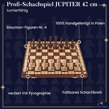 Дерев'яна шахова дошка з фігурами 'Jupiter', 42 см, ручної роботи, турнірний набір, складаний, для дітей та дорослих, зважені фігури