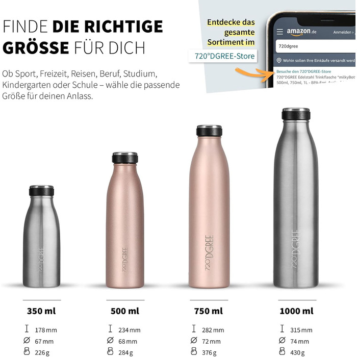 Термос 720°DGREE milkyBottle 500 мл для дітей, нержавіюча сталь, BPA Free, герметична, для газованої води, спорт, школа, світло-рожевий/золотий