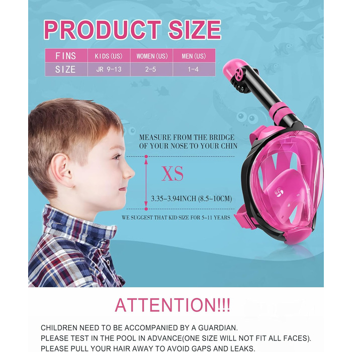 Набір для снорклінгу для дітей та дорослих, повна обличчя маска для снорклінгу та регульовані ласти, панорамна маска для снорклінгу з системою сухого типу Рожева