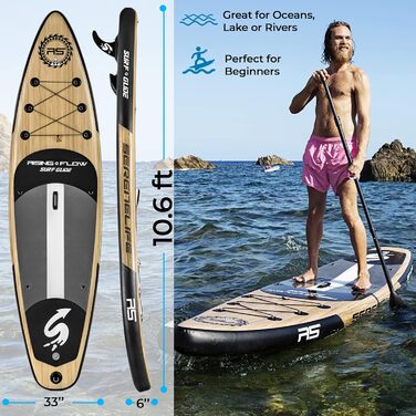 Надувна SUP дошка SereneLife з повним комплектом аксесуарів, дерев'яний дизайн, для дітей та дорослих, антиковзке покриття, насос, весло, рюкзак для перенесення