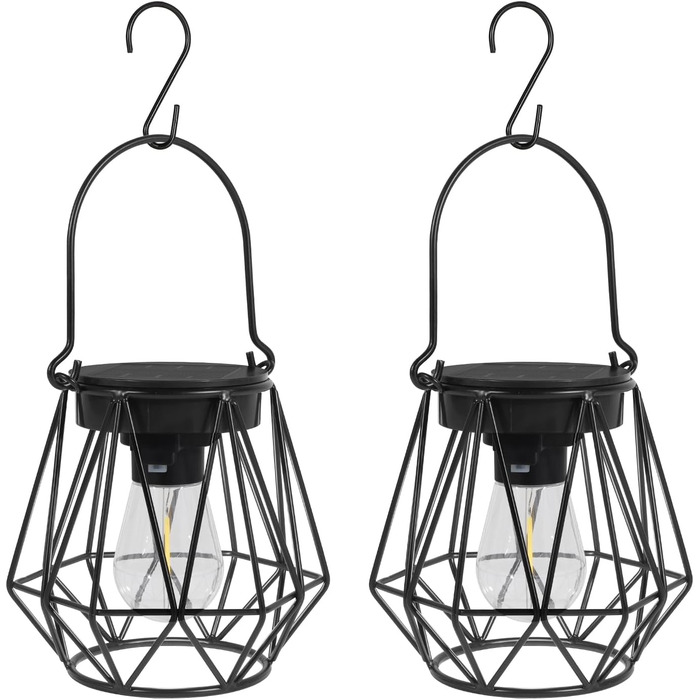 2 Сонячні ліхтарі для вулиці, підвісні, IP65, металеві, LED, для саду, патіо, кемпінгу, газону, чорні (шестикутні)