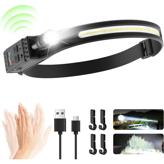 LED налобний ліхтар з акумулятором, надяскравий, широкий кут 230°, регульований фокус, 30 годин роботи, 7 режимів з датчиком руху, водонепроникний, легкий, для бігу, кемпінгу, риболовлі, 1 шт.